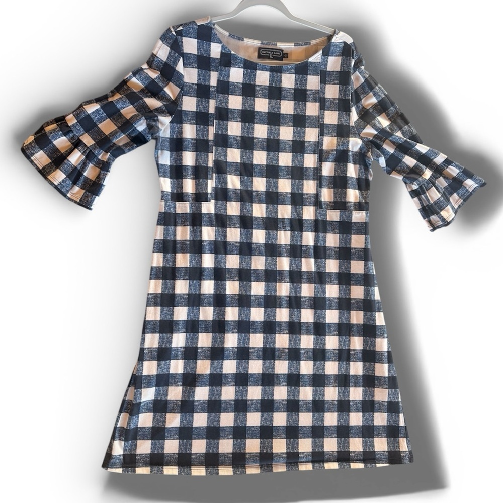 Duffield Lane Navy Blue Gingham Checkered Dress Spring Formal Peplum Sleeves L